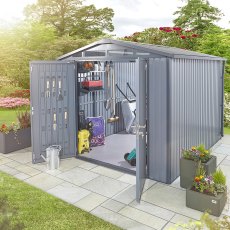 8x8 Hex Living Alton Apex Metal Shed in Anthracite Grey - in situ, angle view, doors open