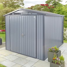 8x8 Hex Living Alton Apex Metal Shed in Anthracite Grey - in situ, angle view