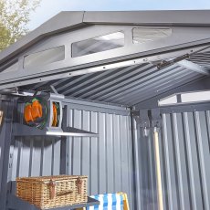 8x6 Hex Living Alton Apex Metal Shed in Anthracite Grey - in situ, apex