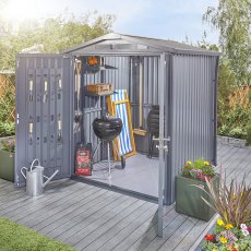 6x6 Hex Living Alton Apex Metal Shed in Anthracite Grey - in situ, angle view, doors open