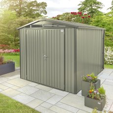 10x6 Hex Living Alton Apex Metal Shed in Sage Green - in situ, angle view, doors closed