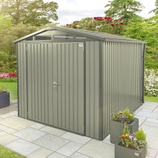 10x8 Hex Living Alton Apex Metal Shed in Sage Green - in situ, angle view