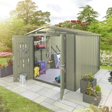 10x8 Hex Living Alton Apex Metal Shed in Sage Green - in situ, angle view, doors open