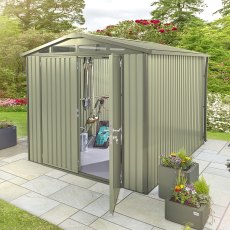 10x8 Hex Living Alton Apex Metal Shed in Sage Green - in situ, angle view, door open