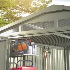 6x6 Hex Living Alton Apex Metal Shed in Sage Green - in situ, apex