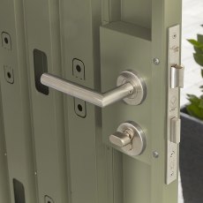 6x6 Hex Living Alton Apex Metal Shed in Sage Green - in situ, handle