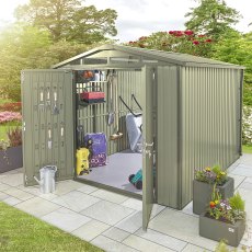 8x6 Hex Living Alton Apex Metal Shed in Sage Green - in situ, angle view, doors open