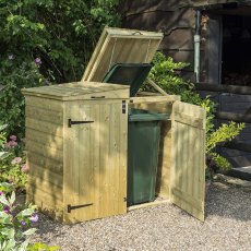 Rowlinson Apex Double Bin Store With Solid Back - Pressure Treated - in situ, angle view
