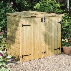 Rowlinson Apex Double Bin Store With Solid Back - Pressure Treated - in situ, angle view, doors closed