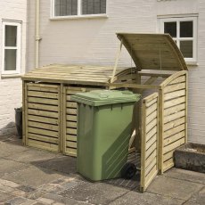 Rowlinson Triple Wheelie Bin Store - Pressure Treated - in situ, angle view, open