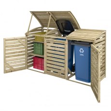 Rowlinson Double Wheelie Bin Store With Single Box Store - Pressure Treated - isolated - door open