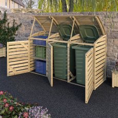 Rowlinson Double Wheelie Bin Store With Single Box Store - Pressure Treated - in situ, doors open