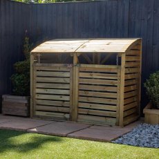 Mercia Double Wheelie Bin Store - Pressure Treated - in situ, angle view, doors closed