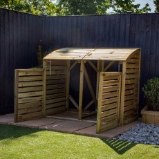 Mercia Double Wheelie Bin Store - Pressure Treated - in situ, angle view, doors open, lid closed