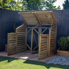 Mercia Double Wheelie Bin Store - Pressure Treated - in situ, angle view, doors open, lid open