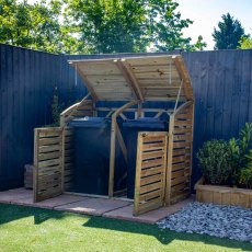Mercia Double Wheelie Bin Store - Pressure Treated - in situ, angle view, doors open