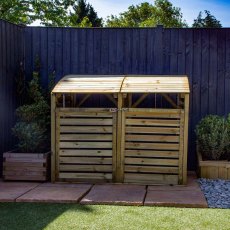Mercia Double Wheelie Bin Store - Pressure Treated - in situ, front view, doors closed