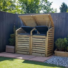Mercia Double Wheelie Bin Store - Pressure Treated - in situ, angle view, lid open