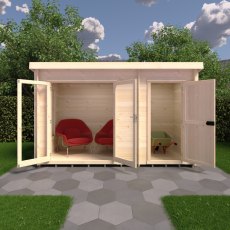 6Gx12 Shire Elm Log Cabin with Side Shed in 19mm Logs - in situ, front view, doors open