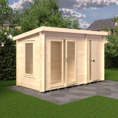 6Gx12 Shire Elm Log Cabin with Side Shed in 19mm Logs - in situ, side angle view