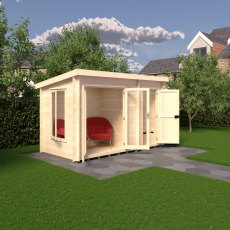 6Gx12 Shire Elm Log Cabin with Side Shed in 19mm Logs - in situ, side angle view, doors opened