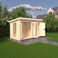 6Gx12 Shire Elm Log Cabin with Side Shed in 19mm Logs - in situ, side angle view, doors open