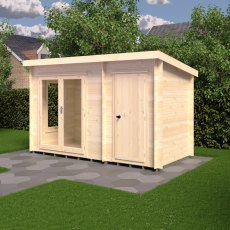6Gx12 Shire Elm Log Cabin with Side Shed in 19mm Logs - in situ, angle view