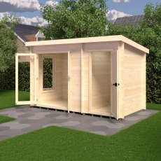 6Gx12 Shire Elm Log Cabin with Side Shed in 19mm Logs - in situ, angle view, doors open