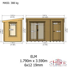 6Gx12 Shire Elm Log Cabin with Side Shed in 19mm Logs - dimensions
