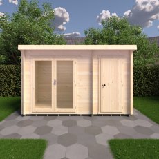 6Gx12 Shire Elm Log Cabin with Side Shed in 19mm Logs - in situ, front view