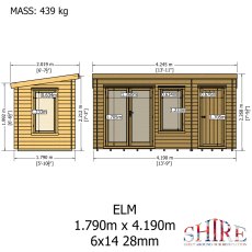 6Gx14 Shire Elm Log Cabin with Side Shed in 19mm Logs - dimensions