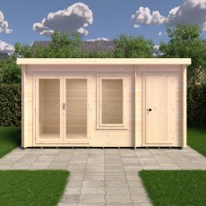 6Gx14 Shire Elm Log Cabin with Side Shed in 19mm Logs - in situ, front view