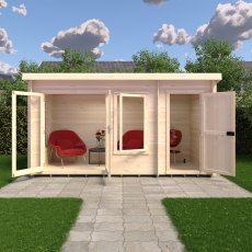 6Gx14 Shire Elm Log Cabin with Side Shed in 19mm Logs - in situ, front view, doors open