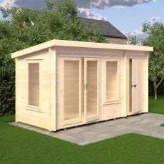 6Gx14 Shire Elm Log Cabin with Side Shed in 19mm Logs - in situ, angle view