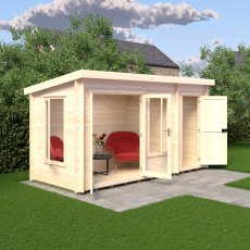 6Gx14 Shire Elm Log Cabin with Side Shed in 19mm Logs - in situ, angle view, doors open