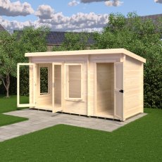 6Gx14 Shire Elm Log Cabin with Side Shed in 19mm Logs - in situ, angle view