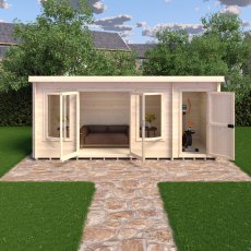 6Gx17 Shire Elm Log Cabin with Side Shed in 19mm Logs - in situ, front view, doors open