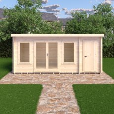 6Gx17 Shire Elm Log Cabin with Side Shed in 19mm Logs - in situ, front view