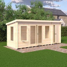 6Gx17 Shire Elm Log Cabin with Side Shed in 19mm Logs - in situ, angle view, doors half open