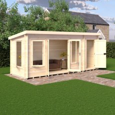 6Gx17 Shire Elm Log Cabin with Side Shed in 19mm Logs - in situ, angle view, doors open