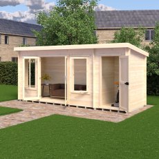 6Gx17 Shire Elm Log Cabin with Side Shed in 19mm Logs - in situ, angle view, doors open
