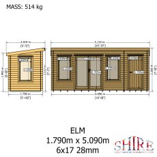6Gx17 Shire Elm Log Cabin with Side Shed in 19mm Logs - dimensions