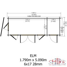 6Gx17 Shire Elm Log Cabin with Side Shed in 19mm Logs - dimensions