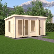 8Gx14 Shire Elm Log Cabin with Side Shed in 19mm Logs - in situ, side angle view, doors closed
