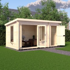 8Gx14 Shire Elm Log Cabin with Side Shed in 19mm Logs - in situ, side angle view, doors open