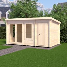 8Gx14 Shire Elm Log Cabin with Side Shed in 19mm Logs - in situ, angle view