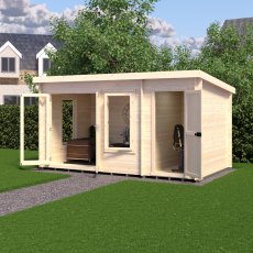 8Gx14 Shire Elm Log Cabin with Side Shed in 19mm Logs - in situ, angle view, doors open