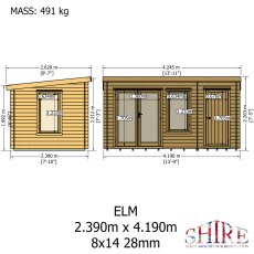 8Gx14 Shire Elm Log Cabin with Side Shed in 19mm Logs - dimensions