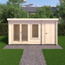8Gx14 Shire Elm Log Cabin with Side Shed in 19mm Logs - in situ, front view