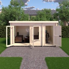 8Gx14 Shire Elm Log Cabin with Side Shed in 19mm Logs - in situ, front view, doors open